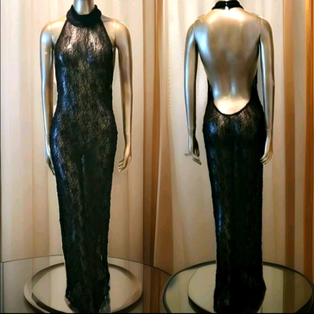 NWT Black Sexy Sheer Halter Neck Backless Bodycon Maxi Dress Sz S - Picture 4 of 9
